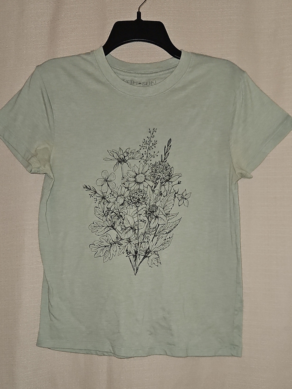 Fifth Sun Sage Green Tee with Black Floral Sketch